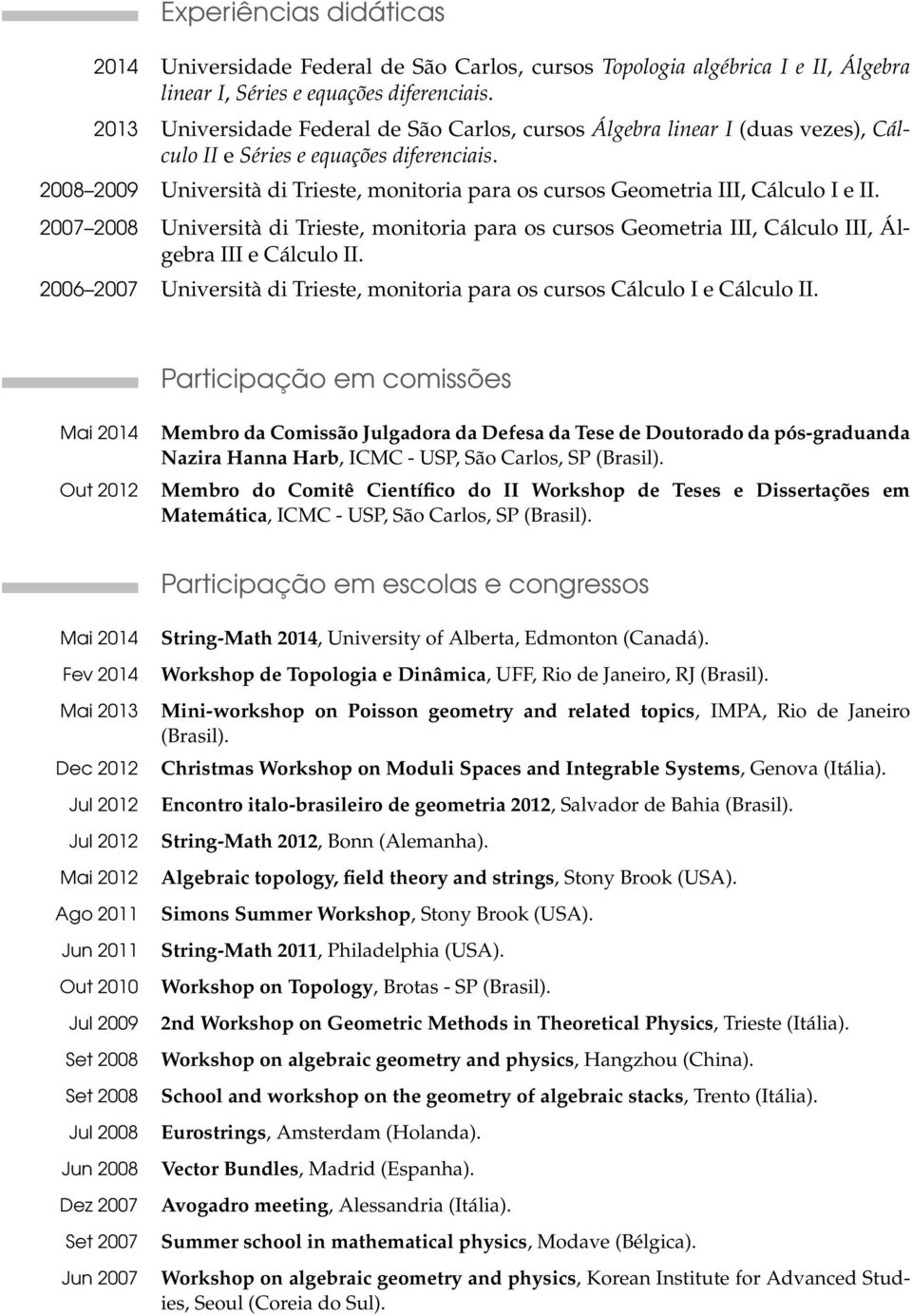 2008 2009 Università di Trieste, monitoria para os cursos Geometria III, Cálculo I e II. 2007 2008 Università di Trieste, monitoria para os cursos Geometria III, Cálculo III, Álgebra III e Cálculo II.