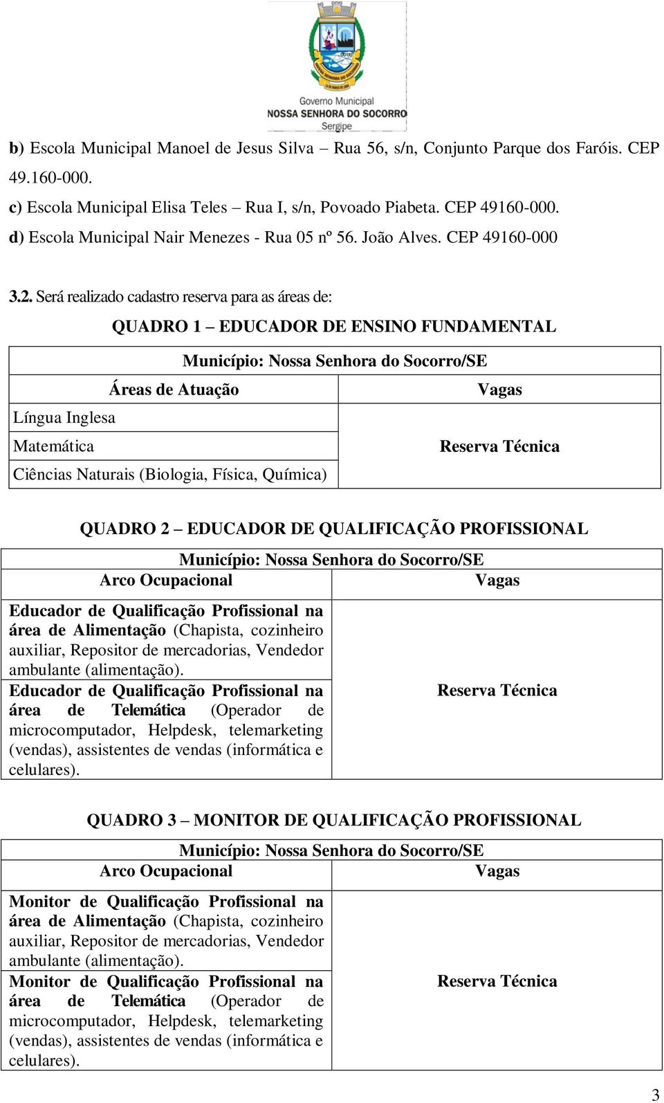 Será realizado cadastro reserva para as áreas de: QUADRO 1 EDUCADOR DE ENSINO FUNDAMENTAL Município: Nossa Senhora do Socorro/SE Áreas de Atuação Vagas Língua Inglesa Matemática Reserva Técnica