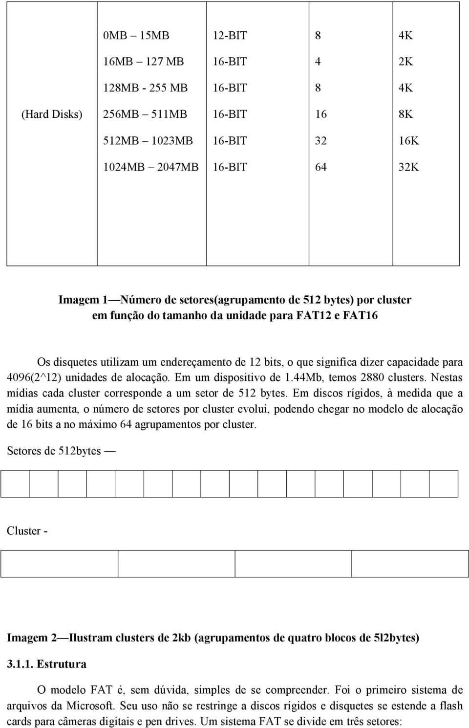 44Mb, temos 2880 clusters. Nestas mídias cada cluster corresponde a um setor de 512 bytes.