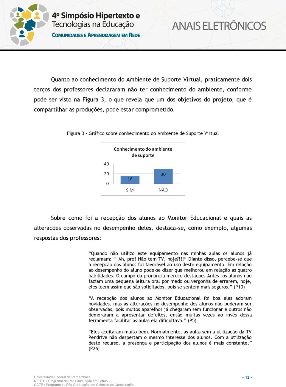 Figura 3 - Gráfico sobre conhecimento do Ambiente de Suporte Virtual Sobre como foi a recepção dos alunos ao Monitor Educacional e quais as alterações observadas no desempenho deles, destaca-se, como