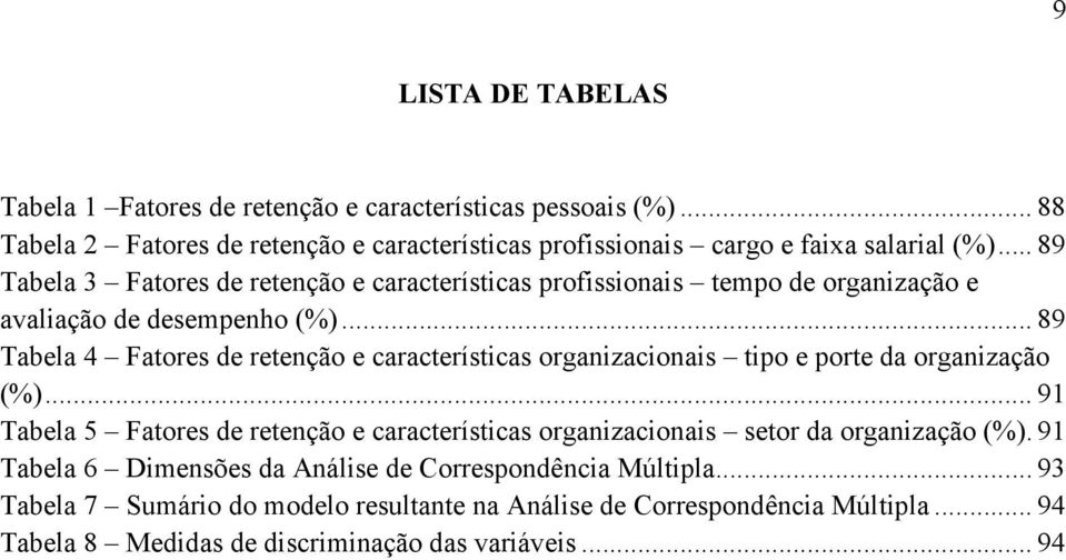 .. 89 Tabela 4 Fatores de retenção e características organizacionais tipo e porte da organização (%).
