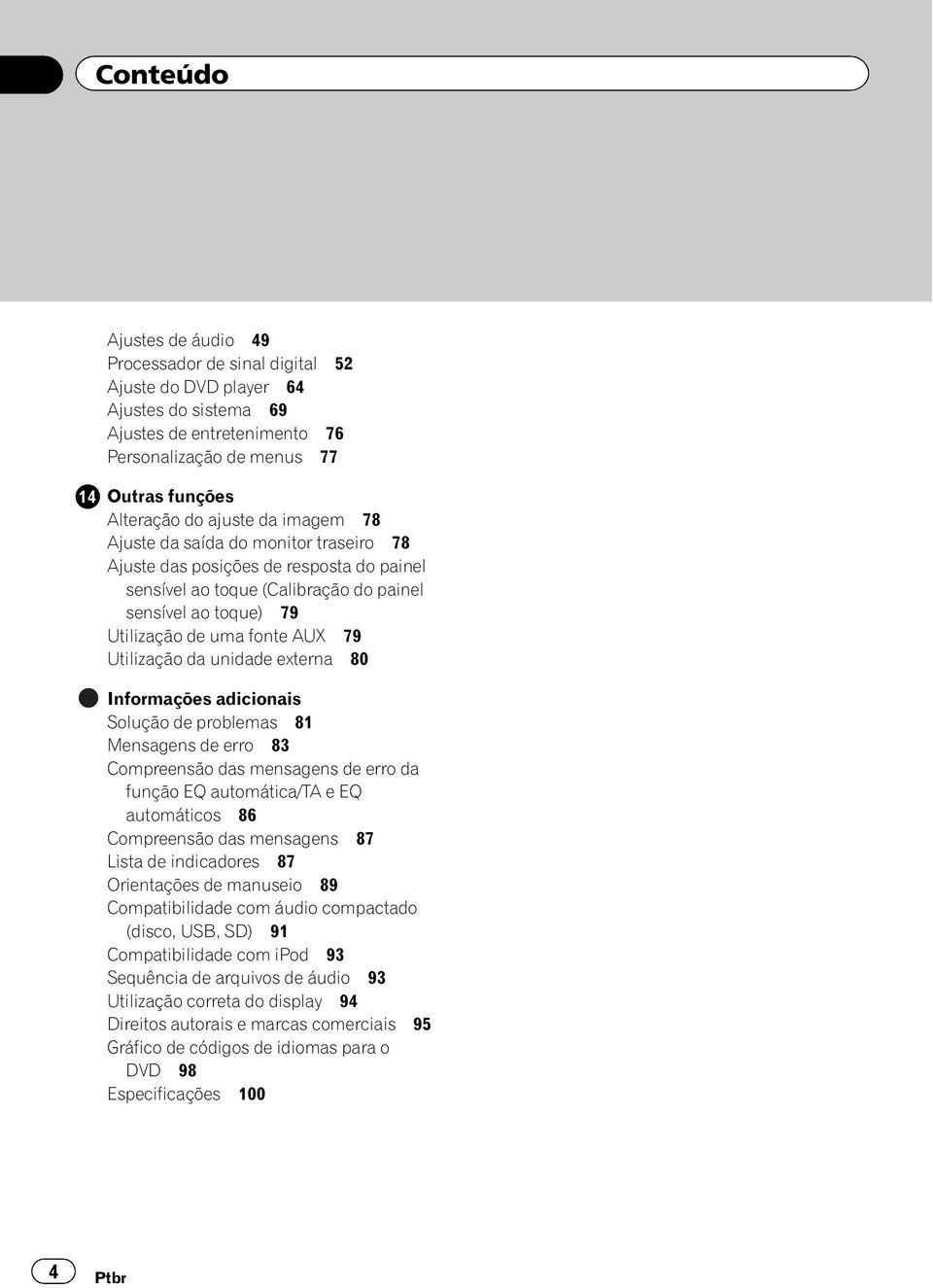 da unidade externa 80 Informações adicionais Solução de problemas 81 Mensagens de erro 83 Compreensão das mensagens de erro da função EQ automática/ta e EQ automáticos 86 Compreensão das mensagens 87