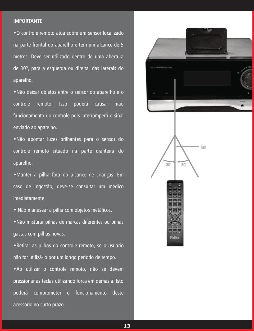 Isso poderá causar mau funcionamento do controle pois interromperá o sinal enviado ao aparelho. Não apontar luzes brilhantes para o sensor do controle remoto situado na parte dianteira do 5m aparelho.