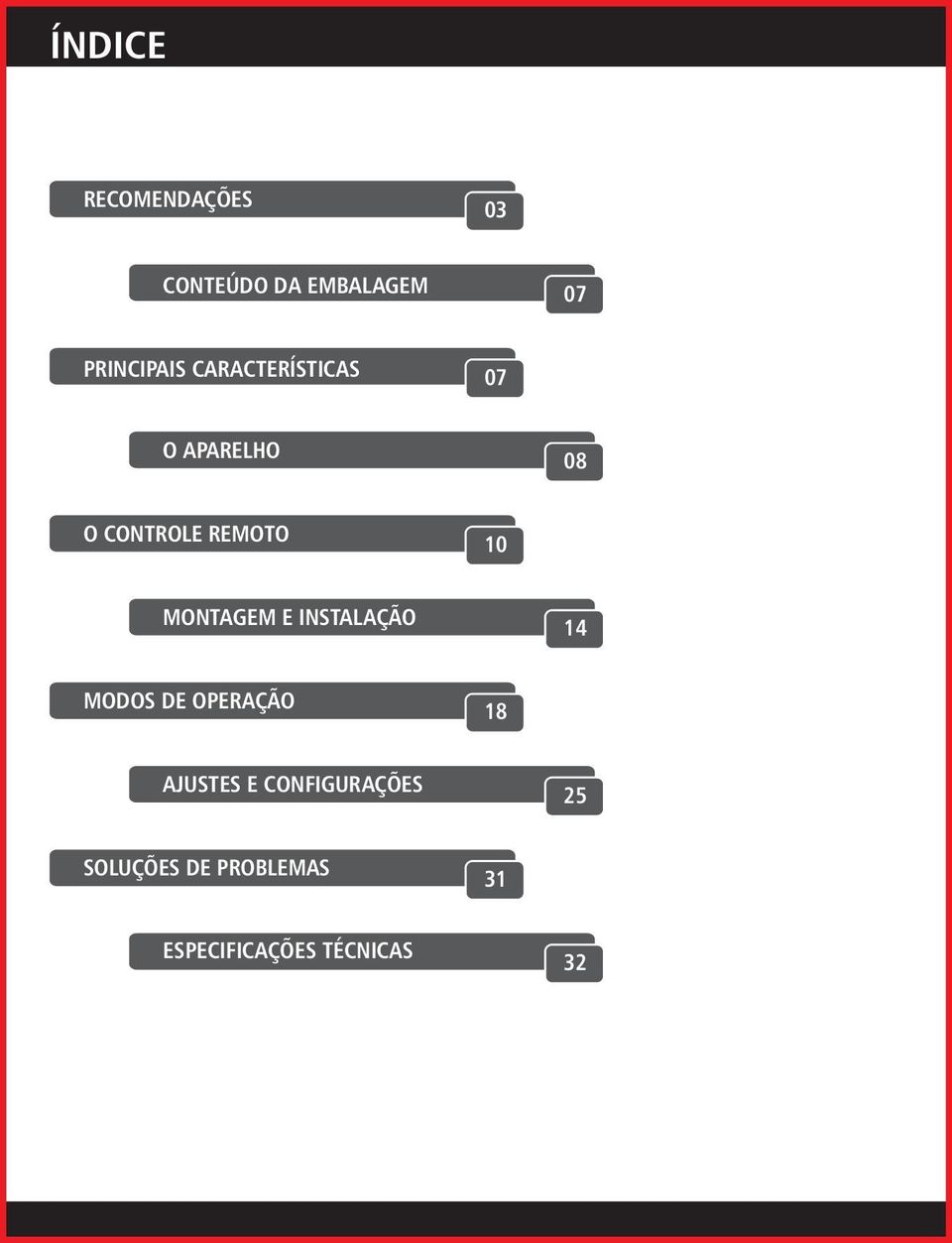 MONTAGEM E INSTALAÇÃO 14 MODOS DE OPERAÇÃO 18 AJUSTES E