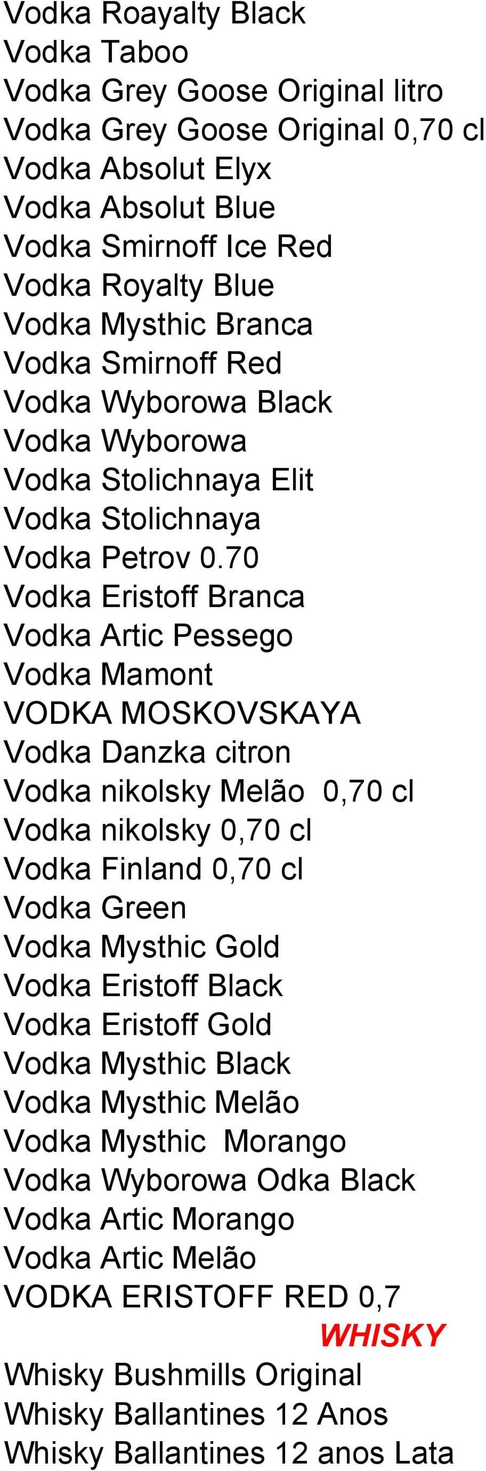 70 Vodka Eristoff Branca Vodka Artic Pessego Vodka Mamont VODKA MOSKOVSKAYA Vodka Danzka citron Vodka nikolsky Melão 0,70 cl Vodka nikolsky 0,70 cl Vodka Finland 0,70 cl Vodka Green Vodka Mysthic