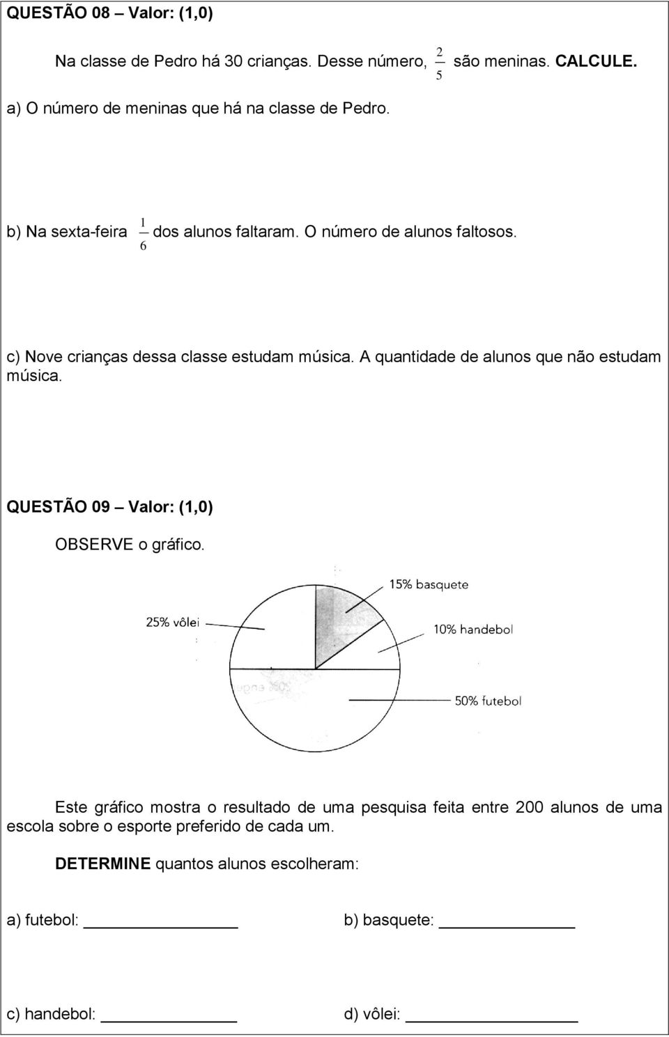 c) Nove crianças dessa classe estudam música. A quantidade de alunos que não estudam música. QUESTÃO 09 Valor: (1,0) OBSERVE o gráfico.