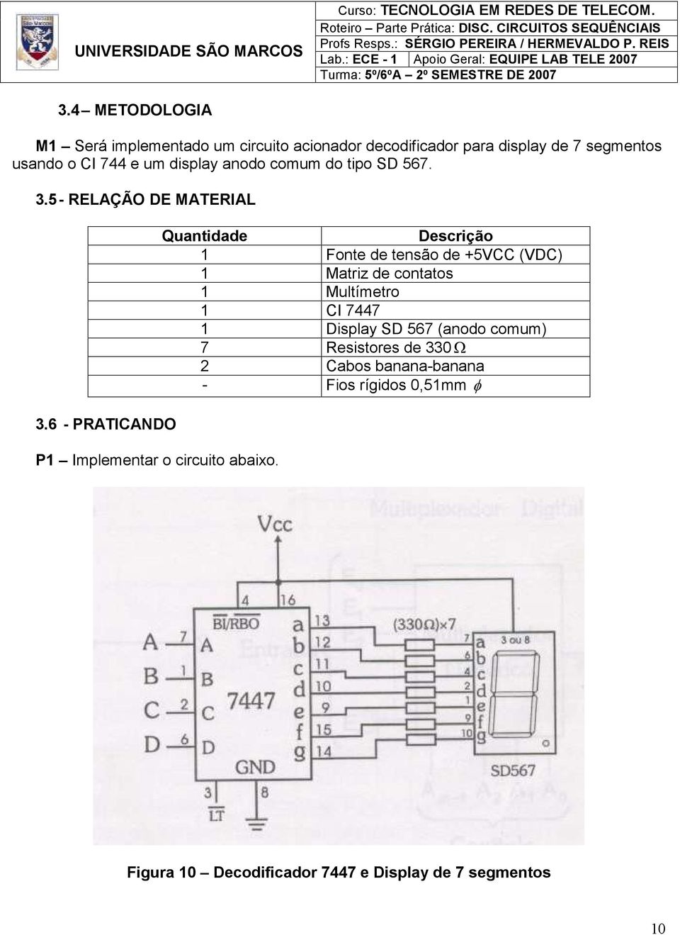 Quantidade Descrição 1 Fonte de tensão de +5VCC (VDC) 1 Matriz de contatos 1 Multímetro 1 CI 7447 1 Display SD 567 (anodo