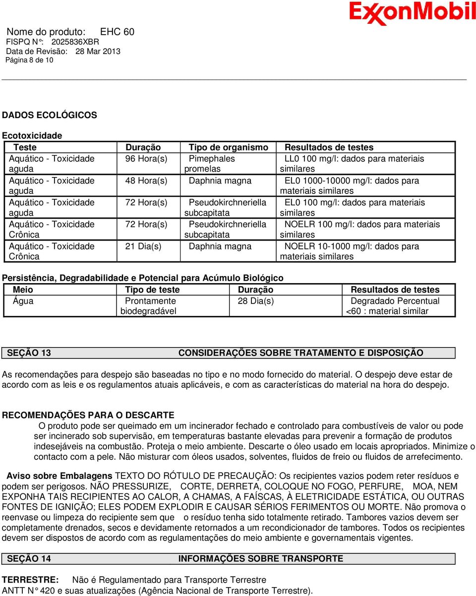 dados para materiais similares Aquático - Toxicidade Crônica 72 Hora(s) Pseudokirchneriella subcapitata NOELR 100 mg/l: dados para materiais similares Aquático - Toxicidade Crônica 21 Dia(s) Daphnia