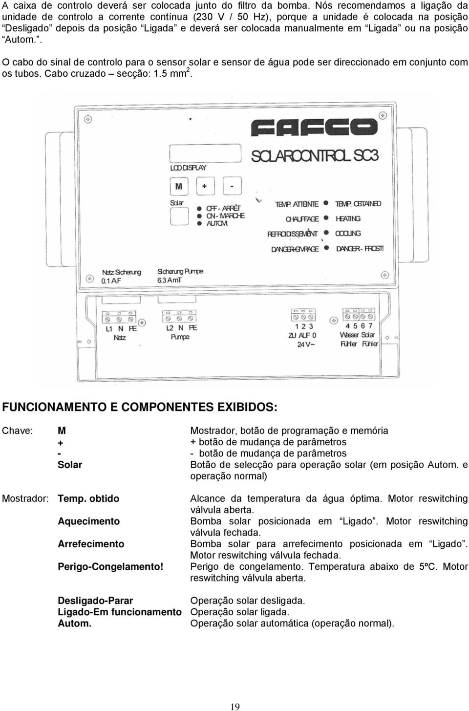 Ligada ou na posição Autom.. O cabo do sinal de controlo para o sensor solar e sensor de água pode ser direccionado em conjunto com os tubos. Cabo cruzado secção: 1.5 mm 2.