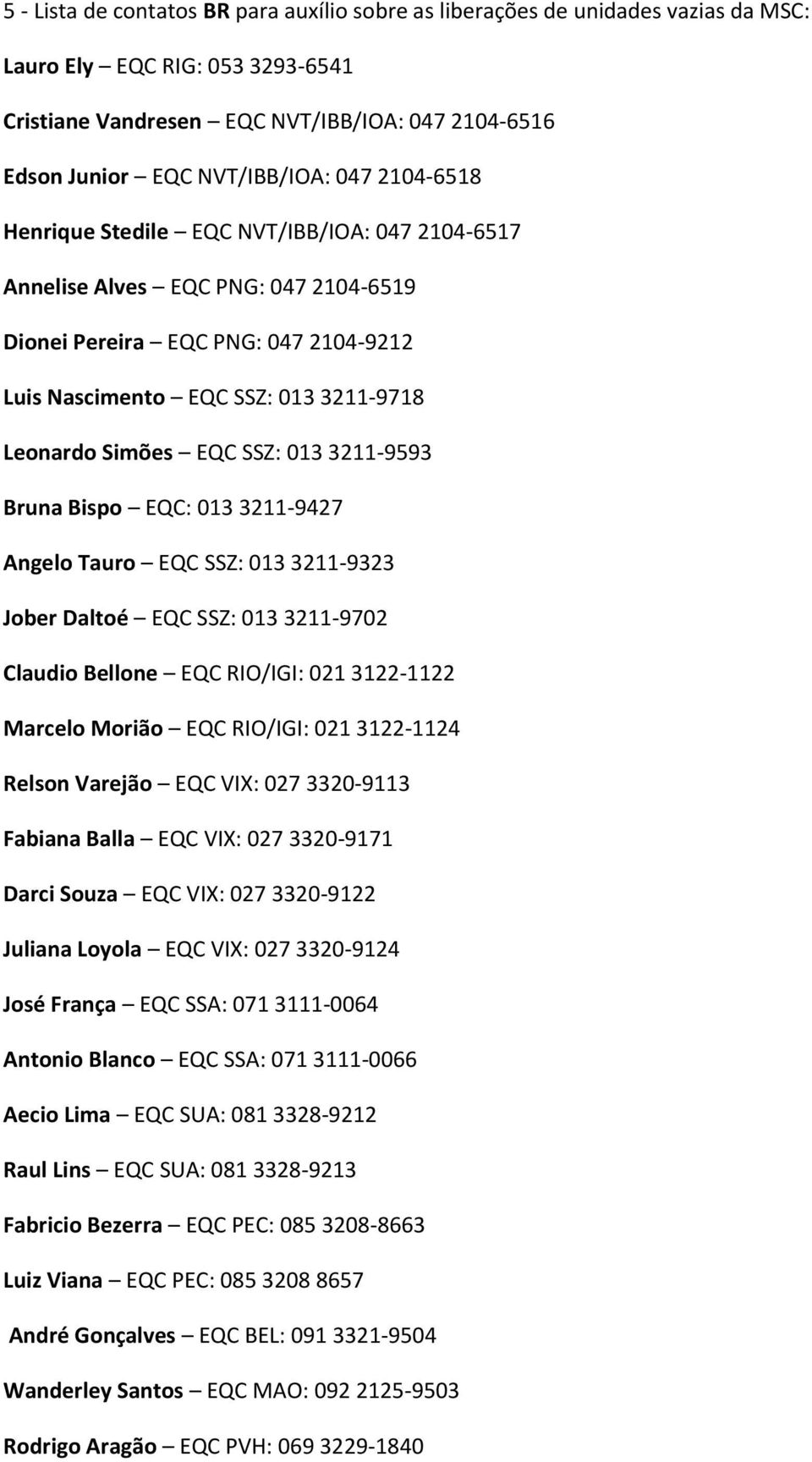 SSZ: 013 3211-9593 Bruna Bispo EQC: 013 3211-9427 Angelo Tauro EQC SSZ: 013 3211-9323 Jober Daltoé EQC SSZ: 013 3211-9702 Claudio Bellone EQC RIO/IGI: 021 3122-1122 Marcelo Morião EQC RIO/IGI: 021