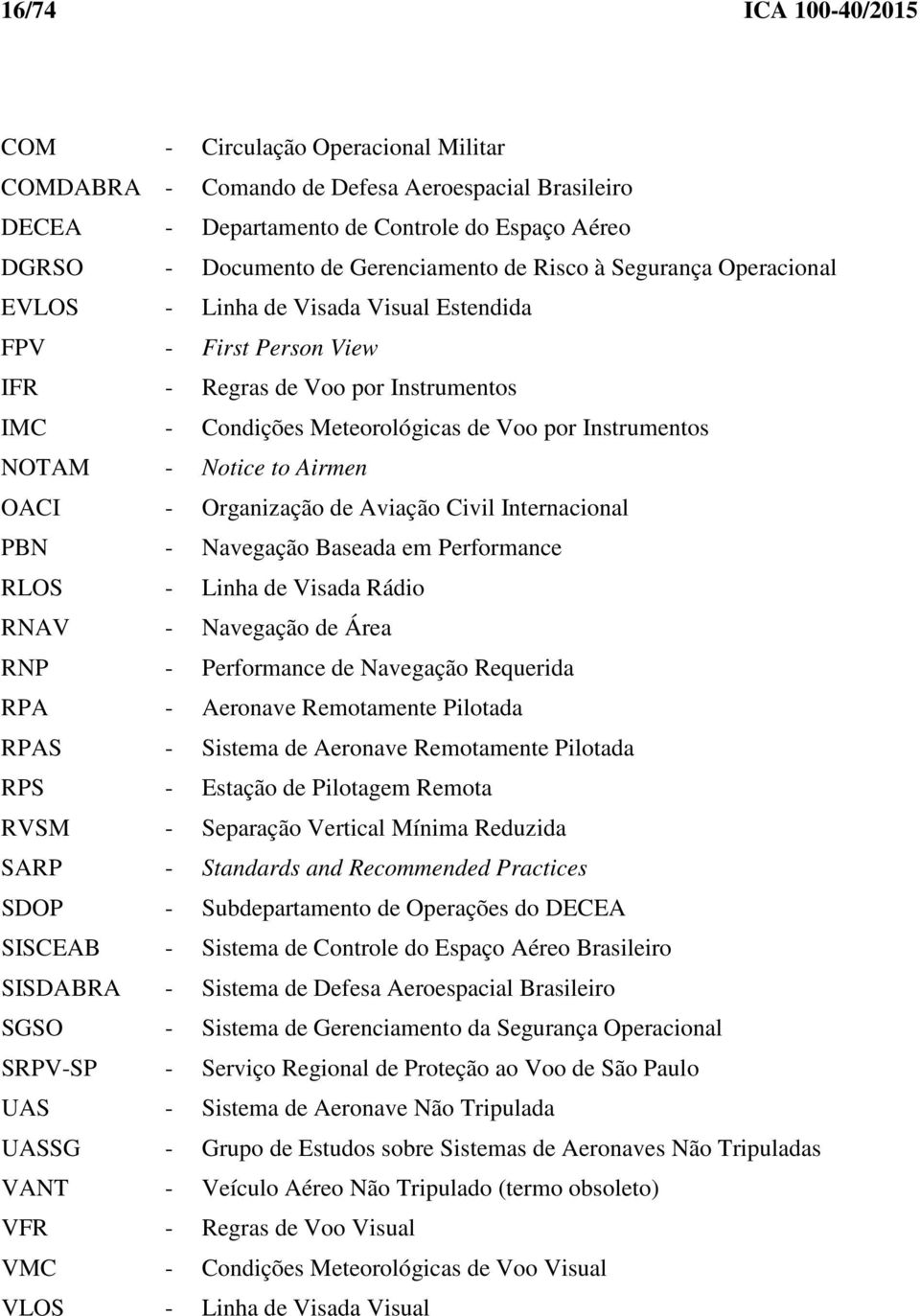 Notice to Airmen OACI - Organização de Aviação Civil Internacional PBN - Navegação Baseada em Performance RLOS - Linha de Visada Rádio RNAV - Navegação de Área RNP - Performance de Navegação