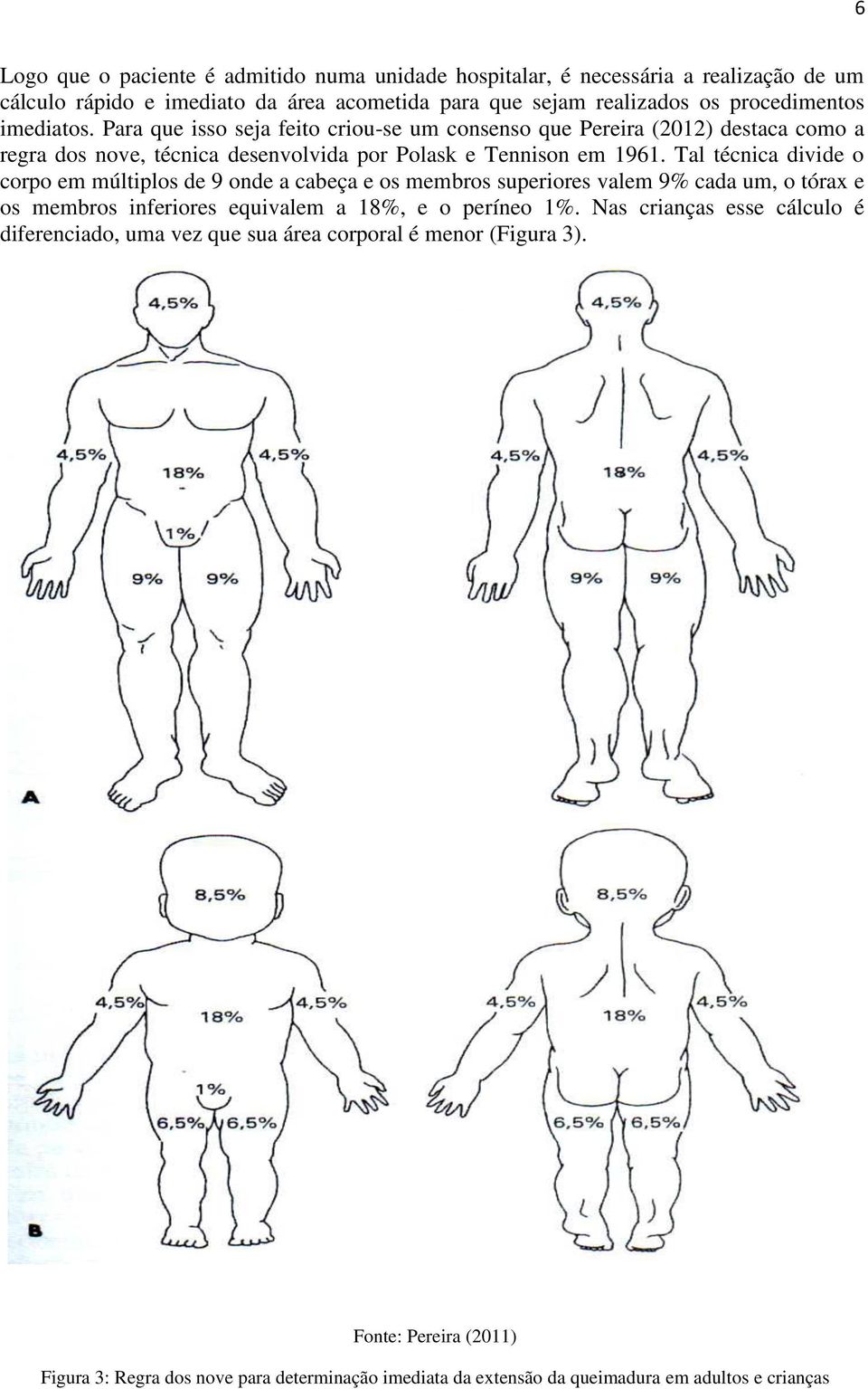 Tal técnica divide o corpo em múltiplos de 9 onde a cabeça e os membros superiores valem 9% cada um, o tórax e os membros inferiores equivalem a 18%, e o períneo 1%.