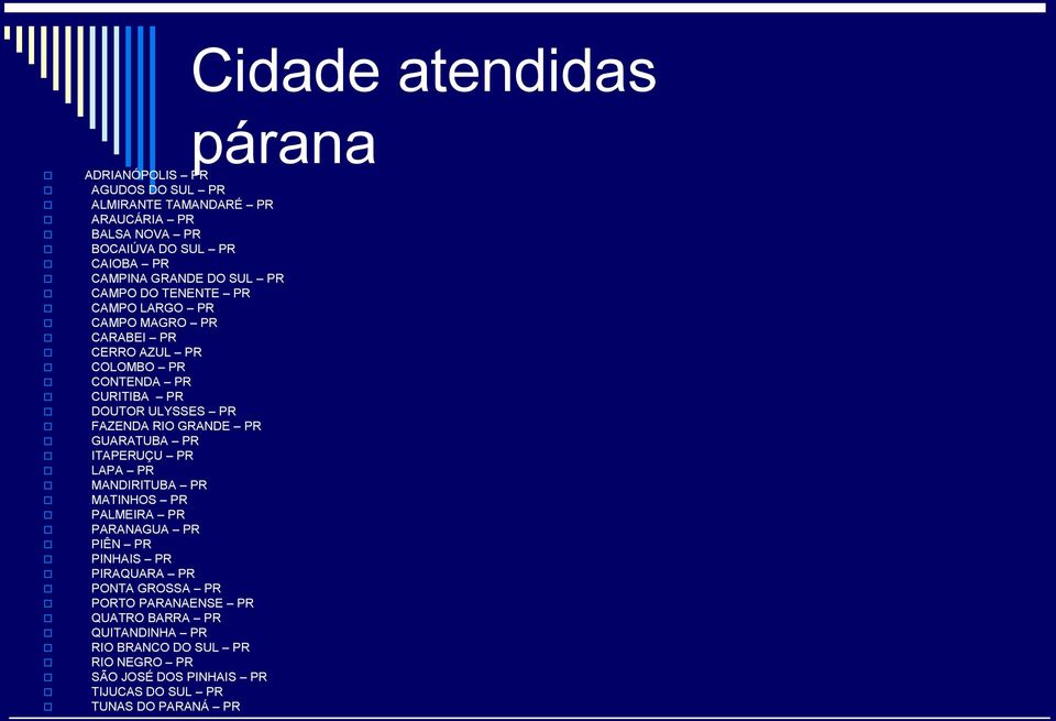 FAZENDA RIO GRANDE PR GUARATUBA PR ITAPERUÇU PR LAPA PR MANDIRITUBA PR MATINHOS PR PALMEIRA PR PARANAGUA PR PIÊN PR PINHAIS PR PIRAQUARA PR PONTA