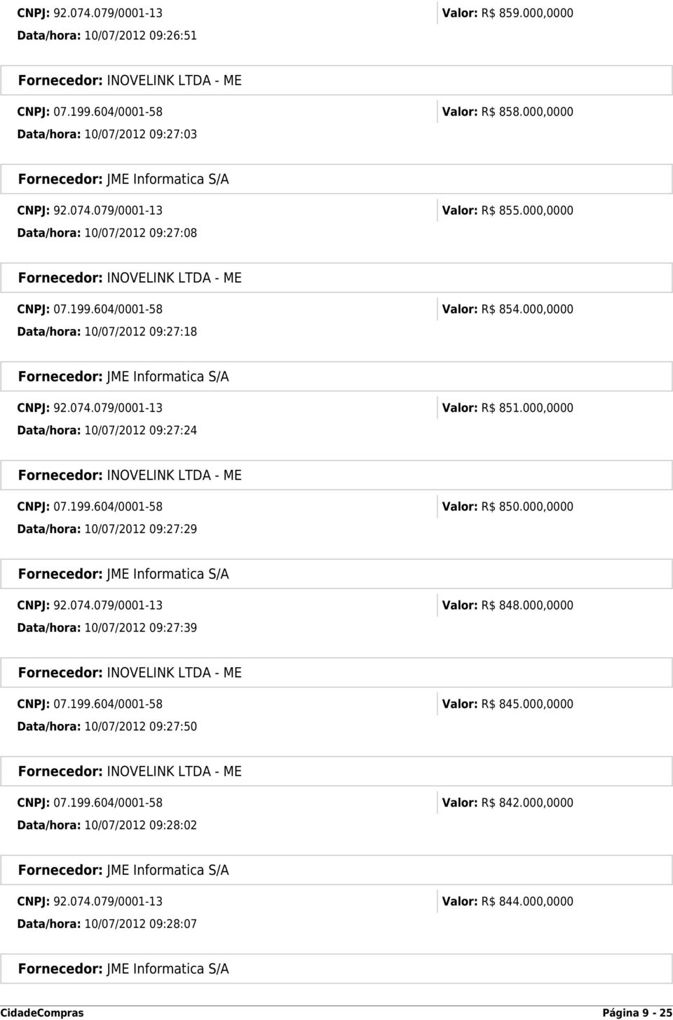 000,0000 Data/hora: 10/07/2012 09:27:24 CNPJ: 07.199.604/0001-58 Valor: R$ 850.000,0000 Data/hora: 10/07/2012 09:27:29 CNPJ: 92.074.079/0001-13 Valor: R$ 848.