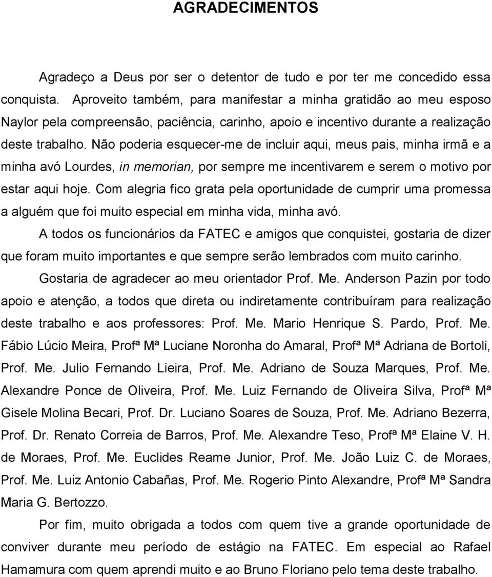 Não poderia esquecer-me de incluir aqui, meus pais, minha irmã e a minha avó Lourdes, in memorian, por sempre me incentivarem e serem o motivo por estar aqui hoje.