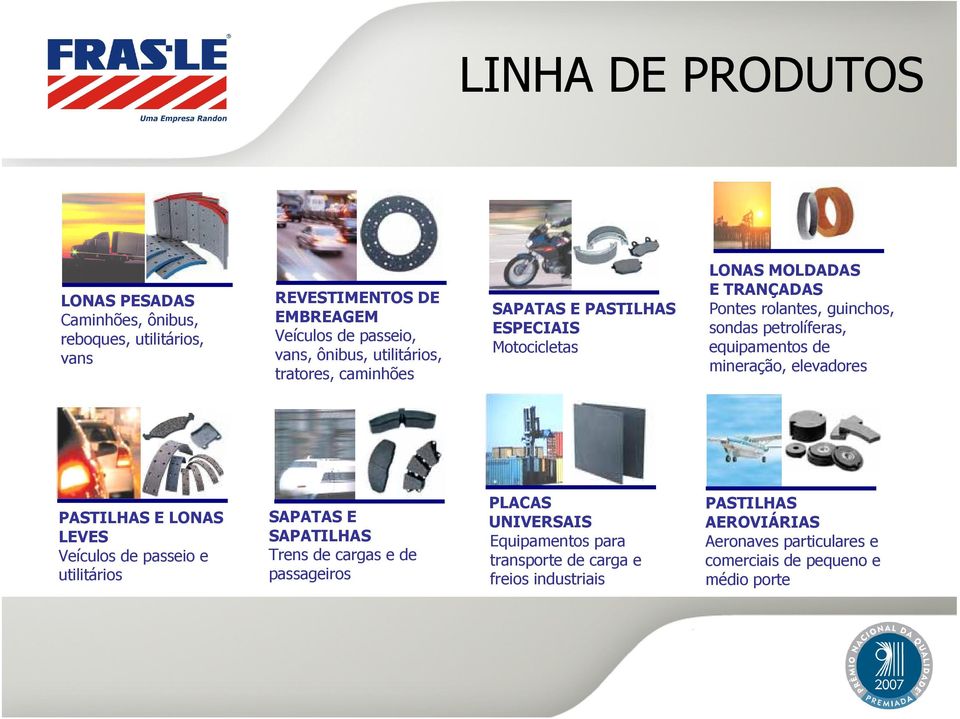 equipamentos de mineração, elevadores PASTILHAS E LONAS LEVES Veículos de passeio e utilitários SAPATAS E SAPATILHAS Trens de cargas e de passageiros