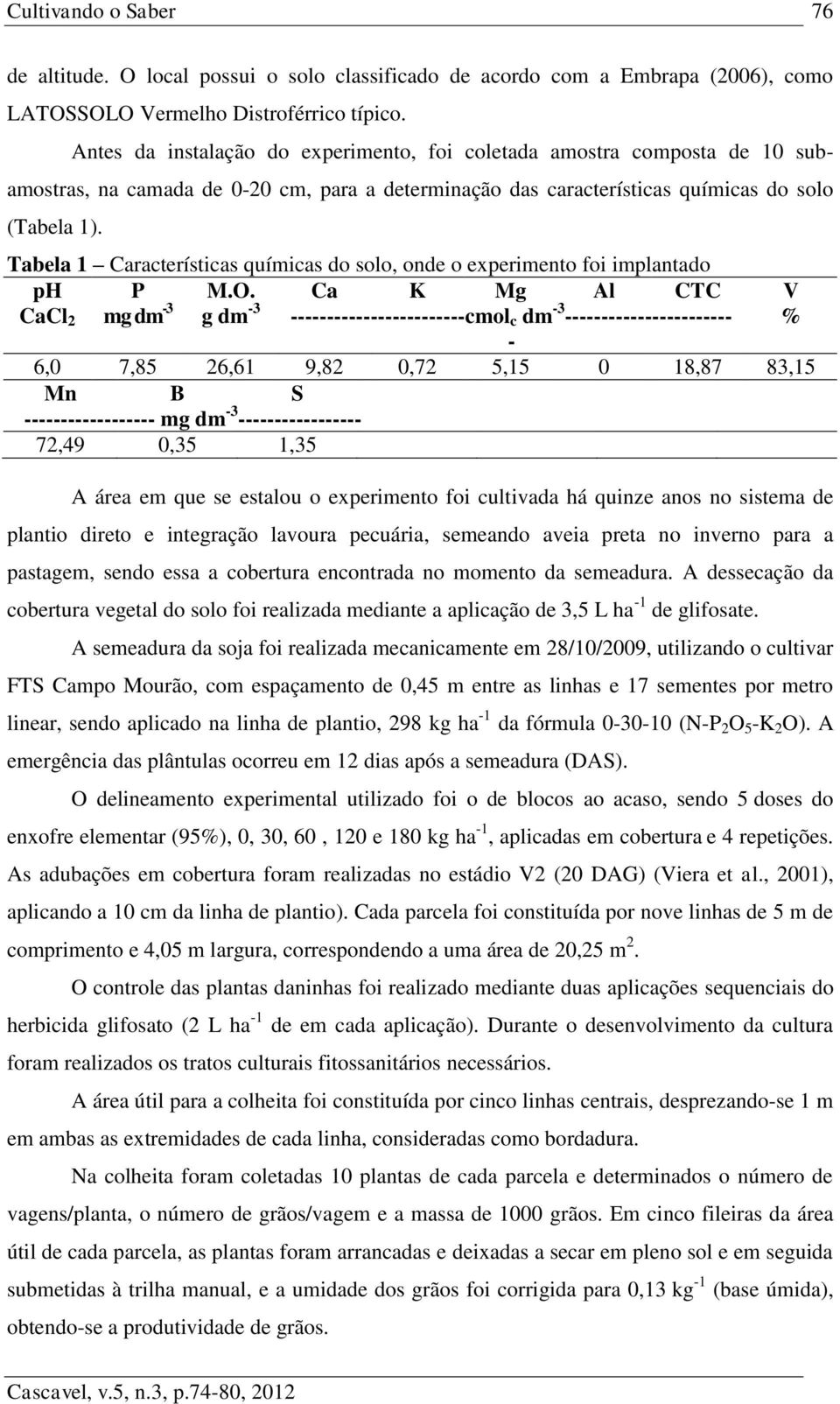 Tabela 1 Características químicas do solo, onde o experimento foi implantado ph P M.O.