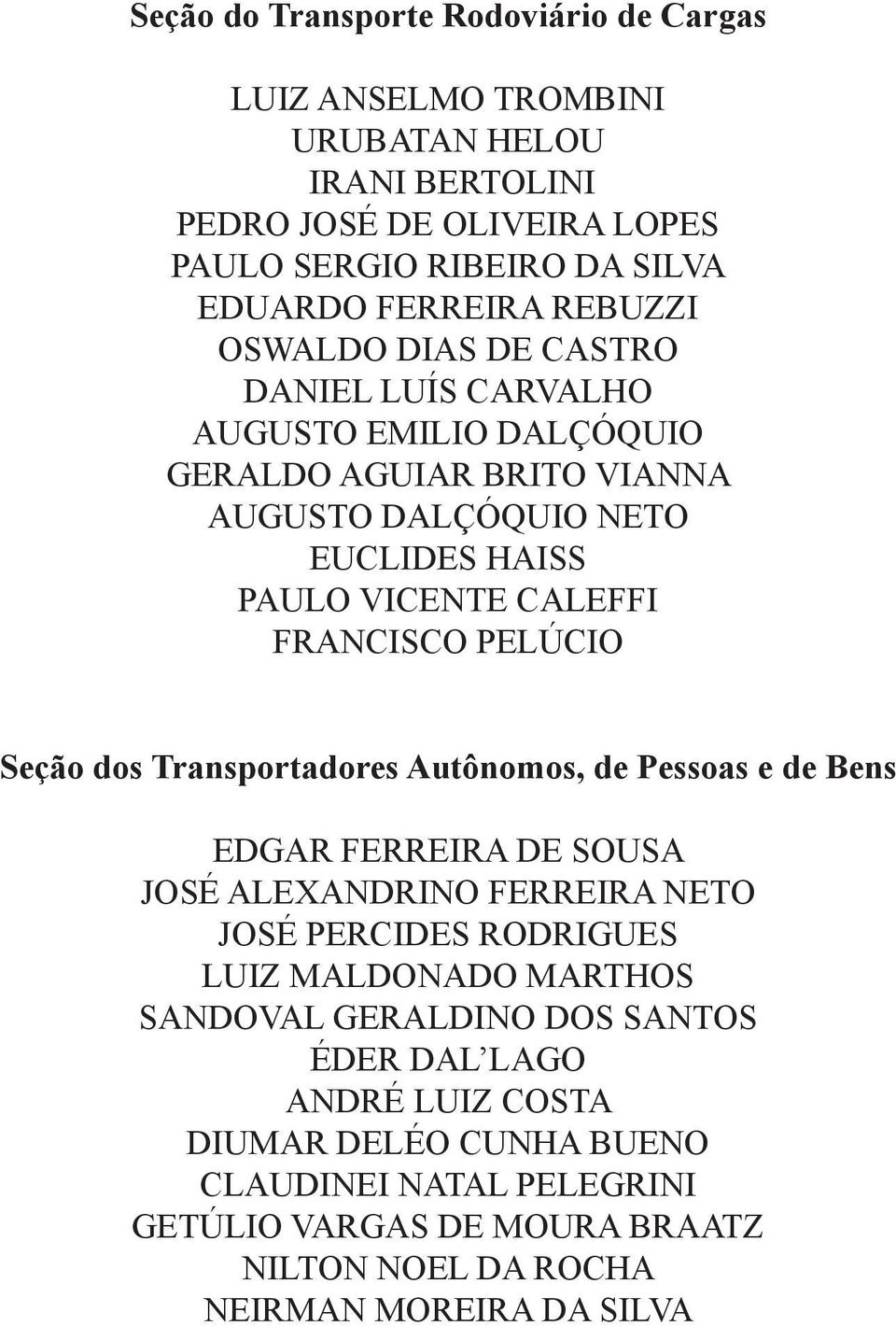 PELÚCIO Seção dos Transportadores Autônomos, de Pessoas e de Bens EDGAR FERREIRA DE SOUSA JOSÉ ALEXANDRINO FERREIRA NETO JOSÉ PERCIDES RODRIGUES LUIZ MALDONADO MARTHOS