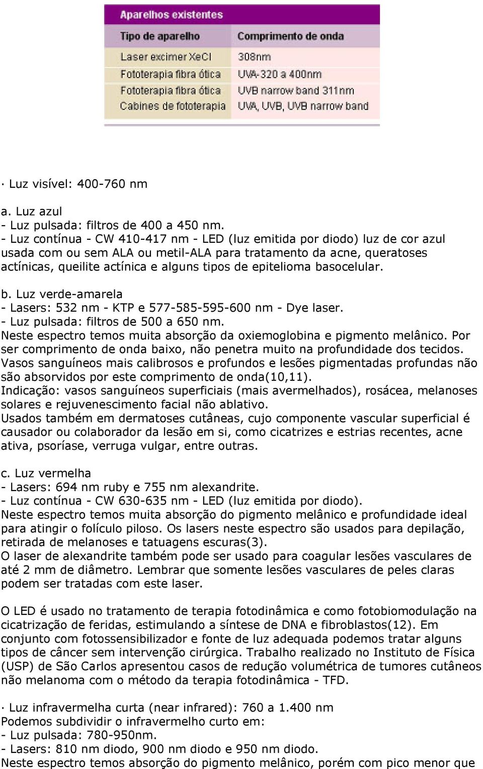 epitelioma basocelular. b. Luz verde-amarela - Lasers: 532 nm - KTP e 577-585-595-600 nm - Dye laser. - Luz pulsada: filtros de 500 a 650 nm.