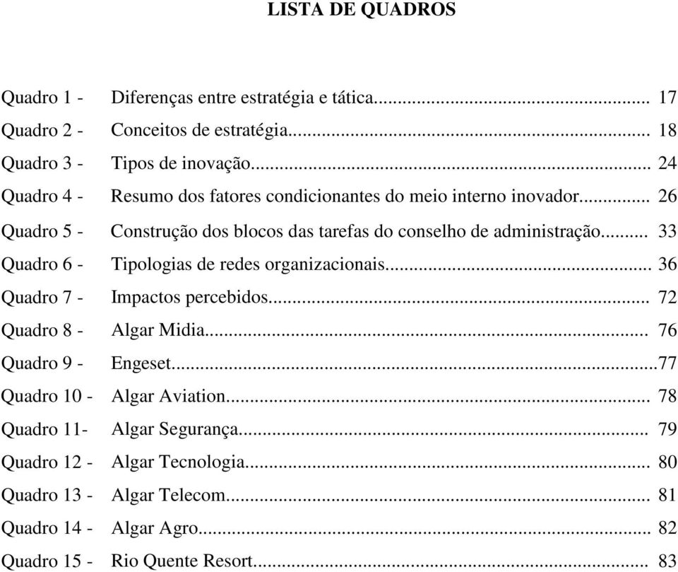 .. 33 Quadro 6 - Tipologias de redes organizacionais... 36 Quadro 7 - Impactos percebidos... 72 Quadro 8 - Algar Midia... 76 Quadro 9 - Engeset.