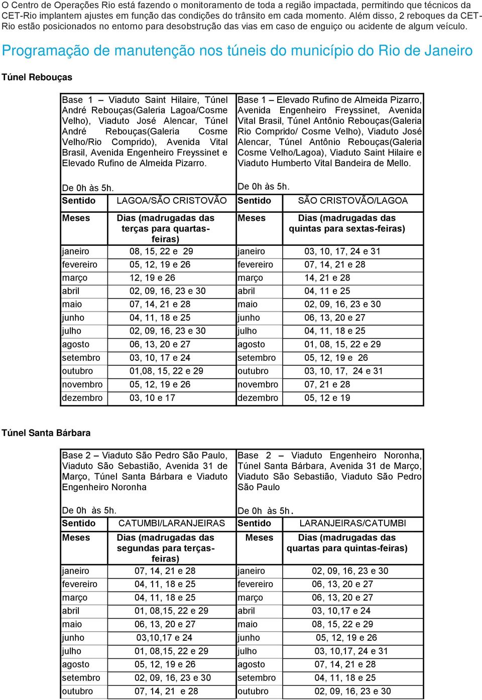 Programação de manutenção nos túneis do município do Rio de Janeiro Túnel Rebouças Base 1 Viaduto Saint Hilaire, Túnel André Rebouças(Galeria Lagoa/Cosme Velho), Viaduto José Alencar, Túnel André