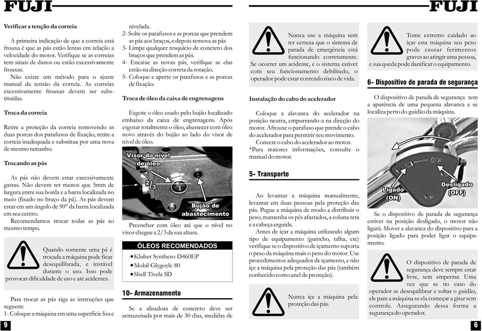 Troca da correia Retire a proteção da correia removendo as duas porcas dos parafusos de fixação, retire a correia inadequada e substitua por uma nova de mesmo tamanho. Trocando as pás nivelada.