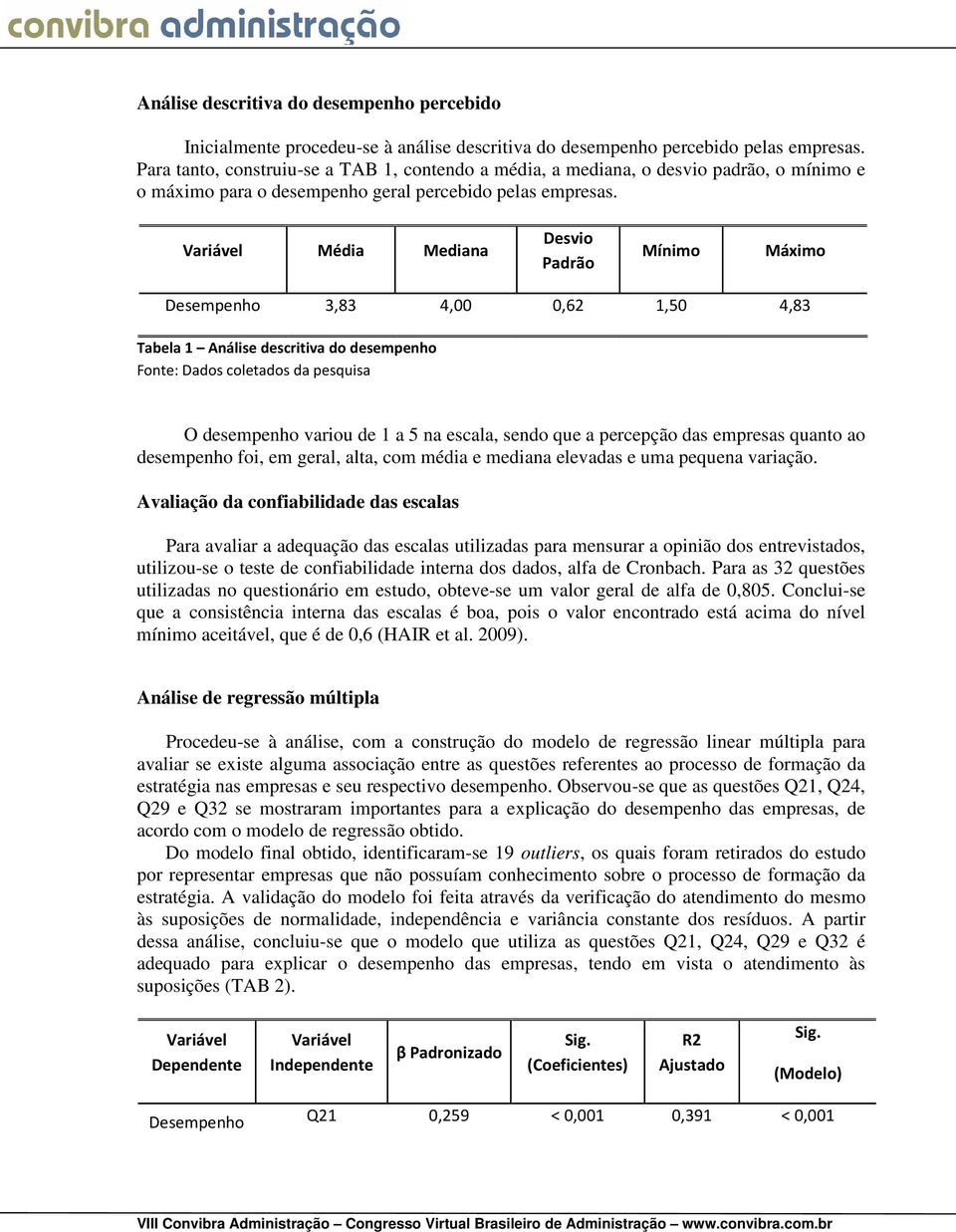 Variável Média Mediana Desvio Padrão Mínimo Máximo Desempenho 3,83 4,00 0,62 1,50 4,83 Tabela 1 Análise descritiva do desempenho O desempenho variou de 1 a 5 na escala, sendo que a percepção das