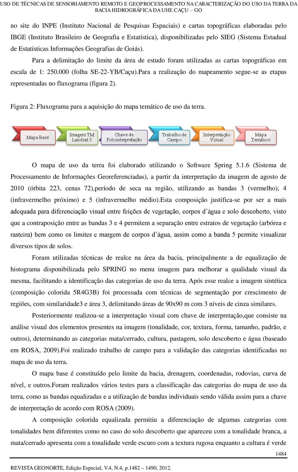 Para a realização do mapeamento segue-se as etapas representadas no fluxograma (figura 2). Figura 2: Fluxograma para a aquisição do mapa temático de uso da terra.