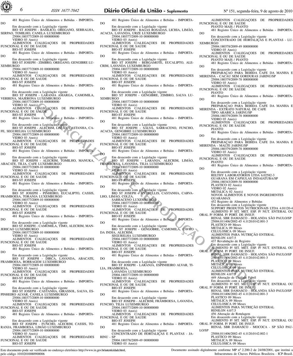 25004180377/2009-10 000000000 VIDRO 03 Ano(s) FUNCIONAL E OU DE SAUDE BIO-ST JOSEPH 481 Registro Único de Alimentos e Bebidas - IMPORTA- DO BIO ST JOSEPH - LARANJA AMARGA, CAMOMILA, VERBENA, MAJERONA