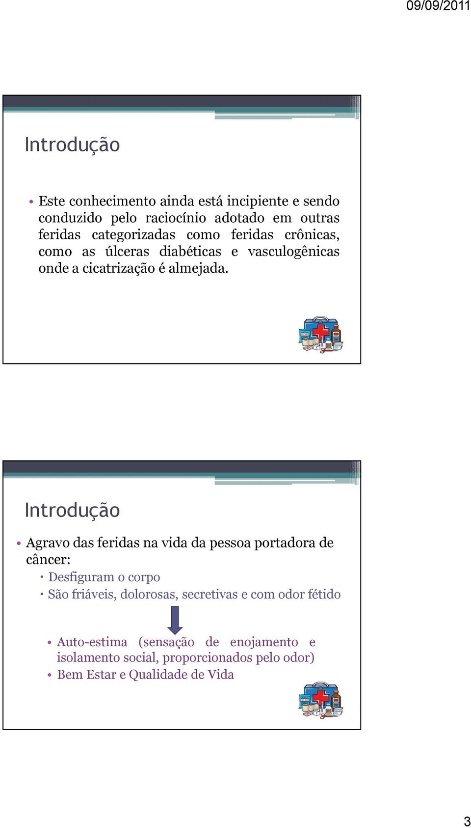 Introdução Agravo das feridas na vida da pessoa portadora de câncer: Desfiguram o corpo São friáveis, dolorosas,