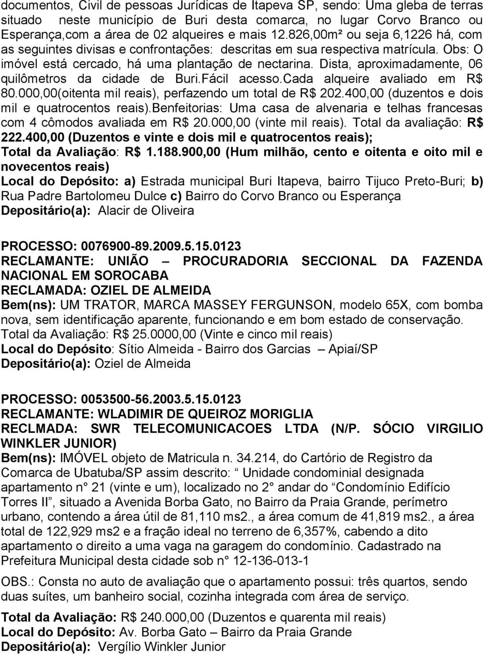 Dista, aproximadamente, 06 quilômetros da cidade de Buri.Fácil acesso.cada alqueire avaliado em R$ 80.000,00(oitenta mil reais), perfazendo um total de R$ 202.