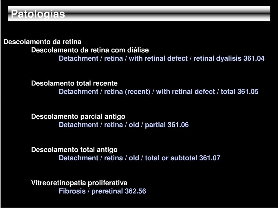 04 Desolamento total recente Detachment / retina (recent) / with retinal defect / total 361.