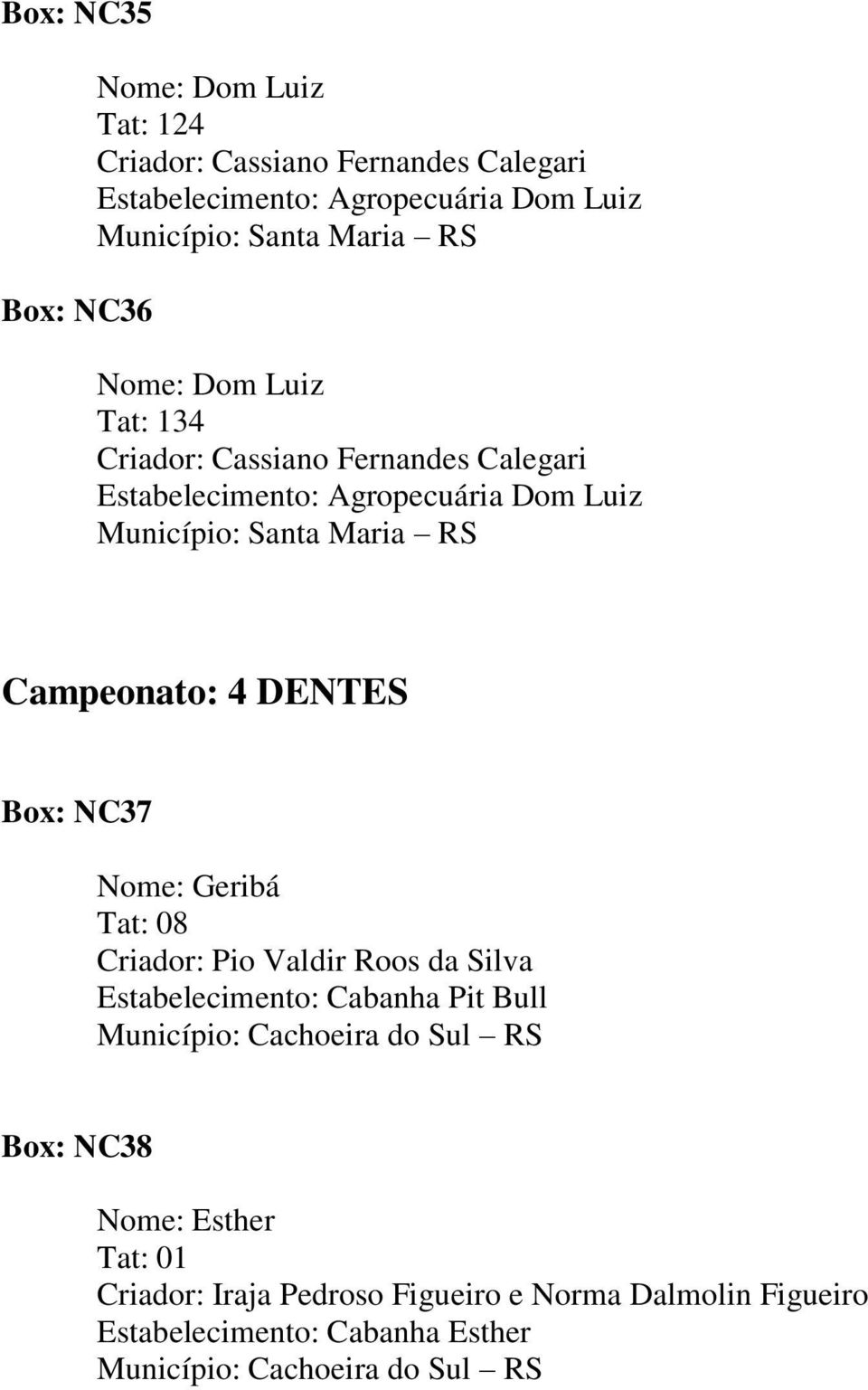 DENTES Box: NC37 Nome: Geribá Tat: 08 Criador: Pio Valdir Roos da Silva Estabelecimento: Cabanha Pit Bull Município: Cachoeira do Sul RS Box: