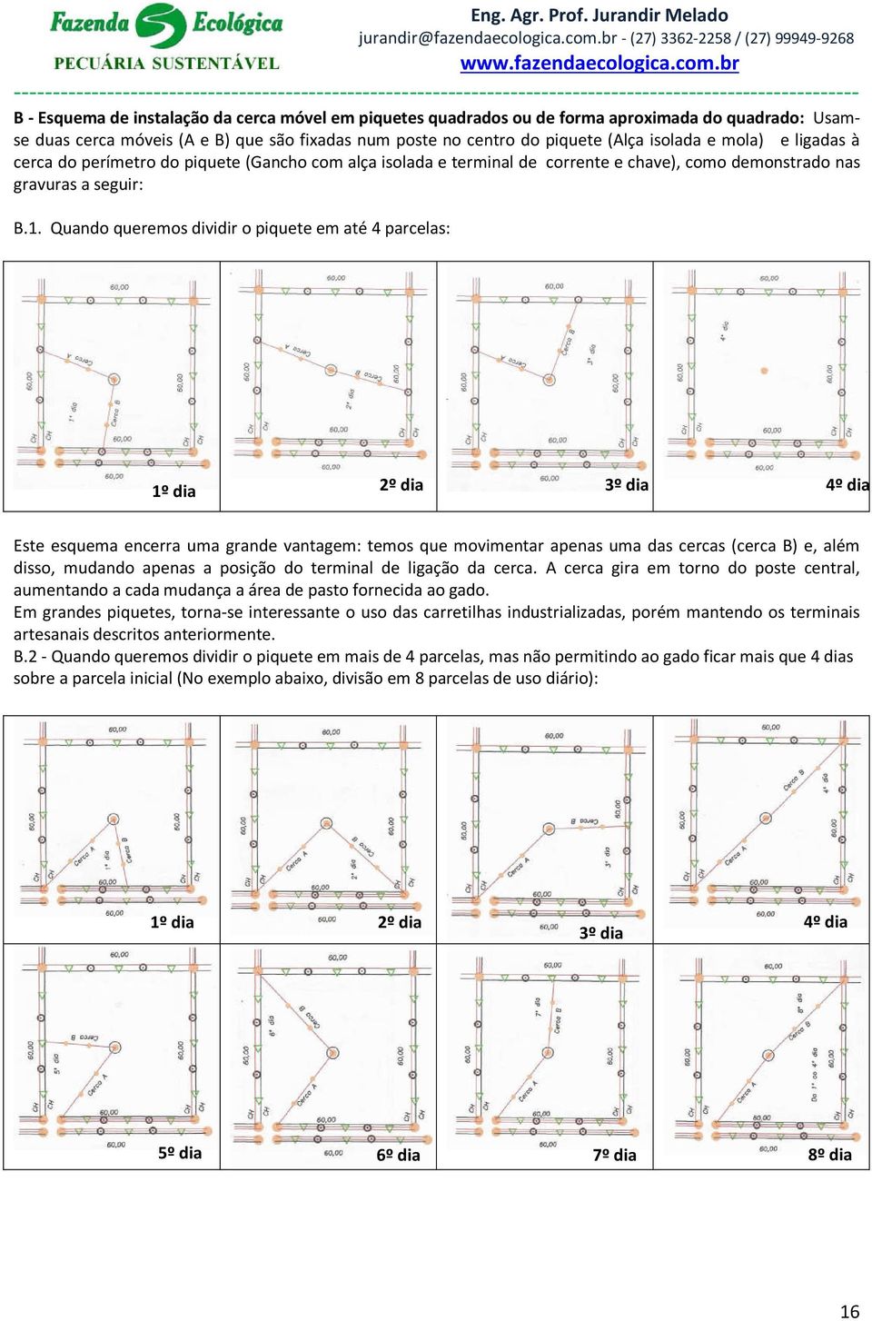 Quando queremos dividir o piquete em até 4 parcelas: 1º dia 2º dia 3º dia 4º dia Este esquema encerra uma grande vantagem: temos que movimentar apenas uma das cercas (cerca B) e, além disso, mudando