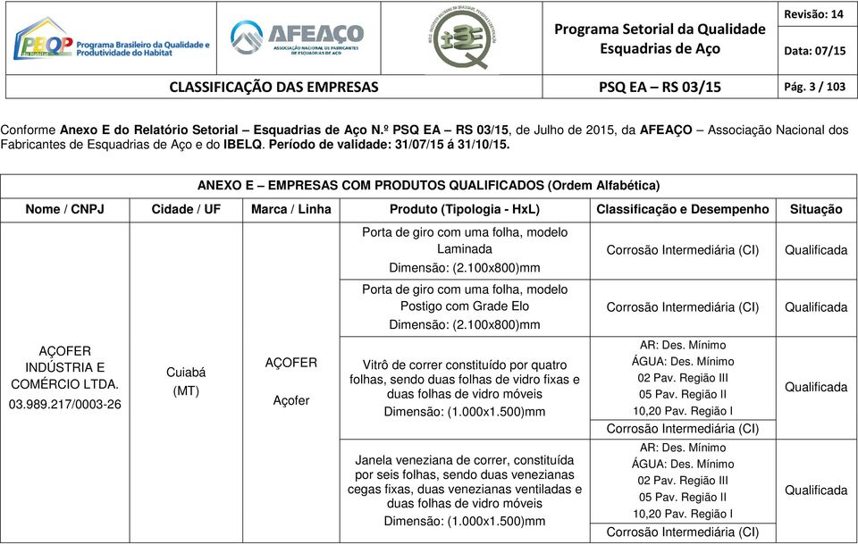 100x800)mm AÇOFER INDÚSTRIA E COMÉRCIO LTDA. 03.989.