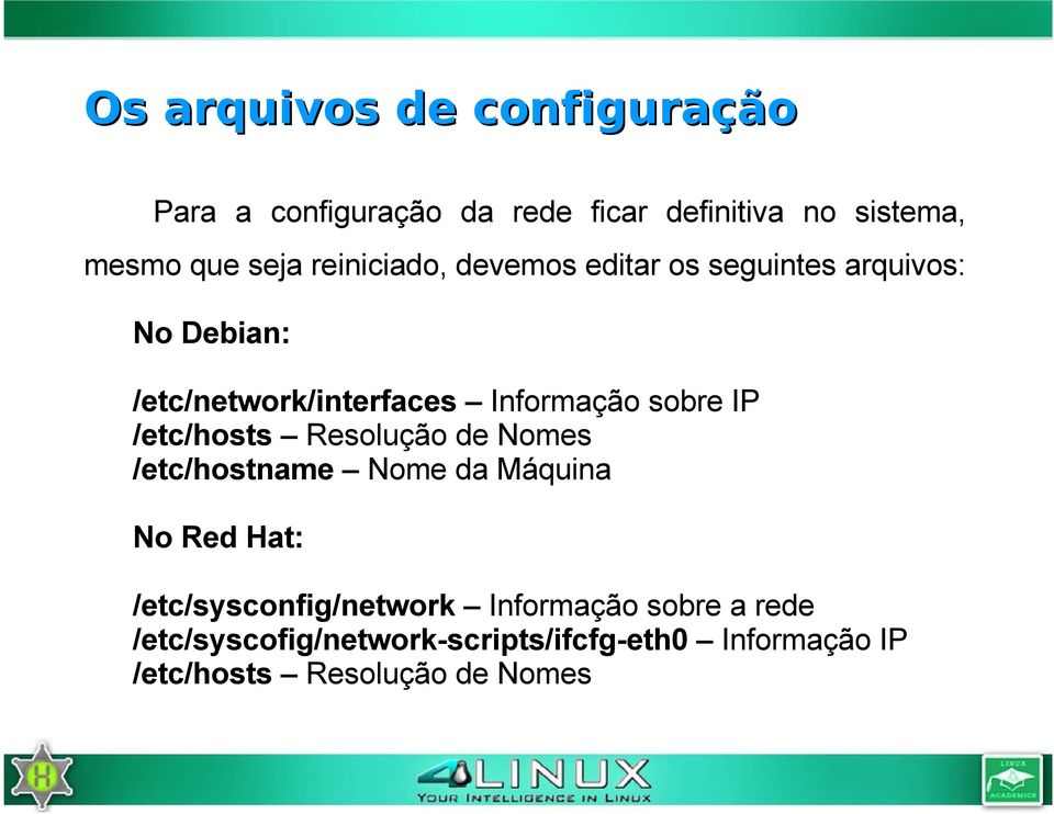IP /etc/hosts Resolução de Nomes /etc/hostname Nome da Máquina No Red Hat: /etc/sysconfig/network