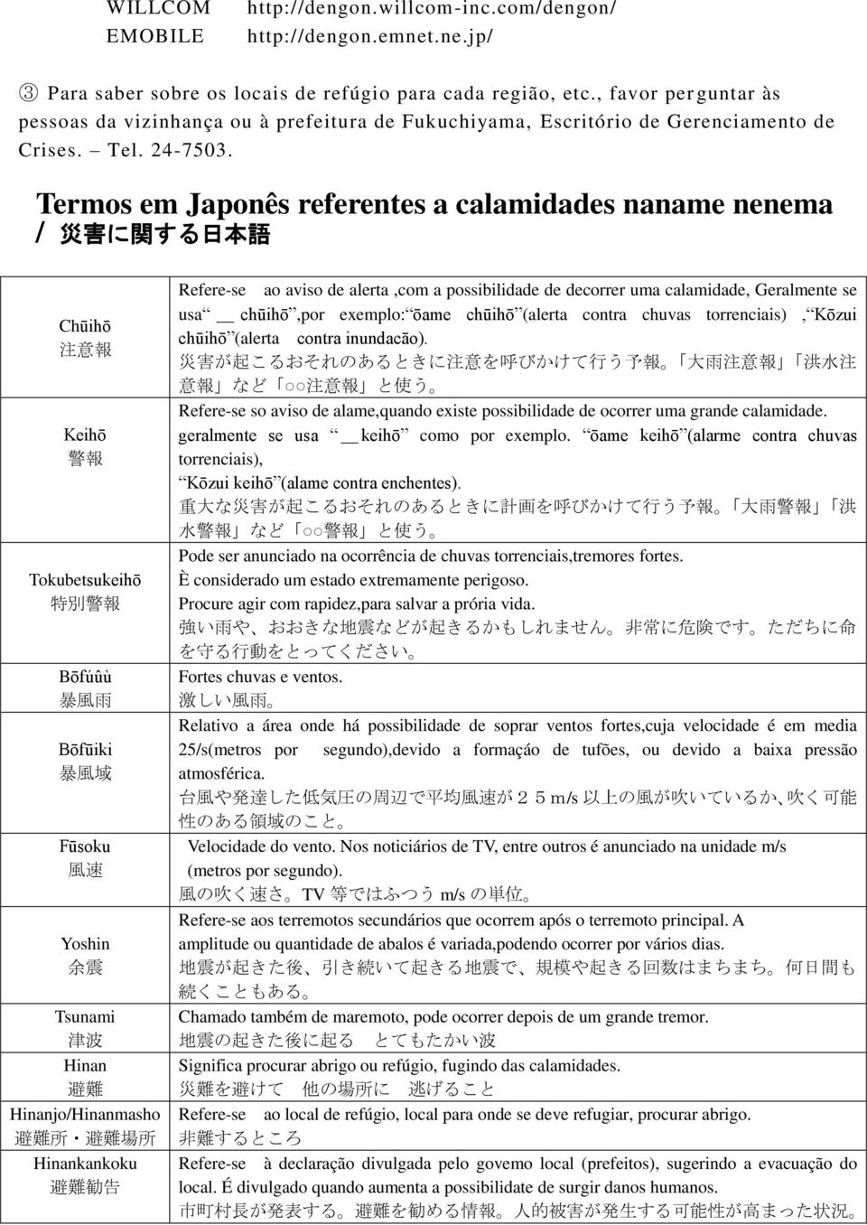 Termos em Japonês referentes a calamidades naname nenema / 災 害 に 関 する 日 本 語 Chūihō 注 意 報 Keihō 警 報 Tokubetsukeihō 特 別 警 報 Bōfúûù 暴 風 雨 Bōfūiki 暴 風 域 Fūsoku 風 速 Yoshin 余 震 Tsunami 津 波 Hinan 避 難