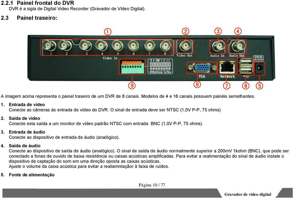 Saída de vídeo Conecte esta saída a um monitor de vídeo padrão NTSC com entrada BNC (1,0V P-P, 75 ohms). 3. Entrada de áudio Conecte ao dispositivo de entrada de áudio (analógico). 4.