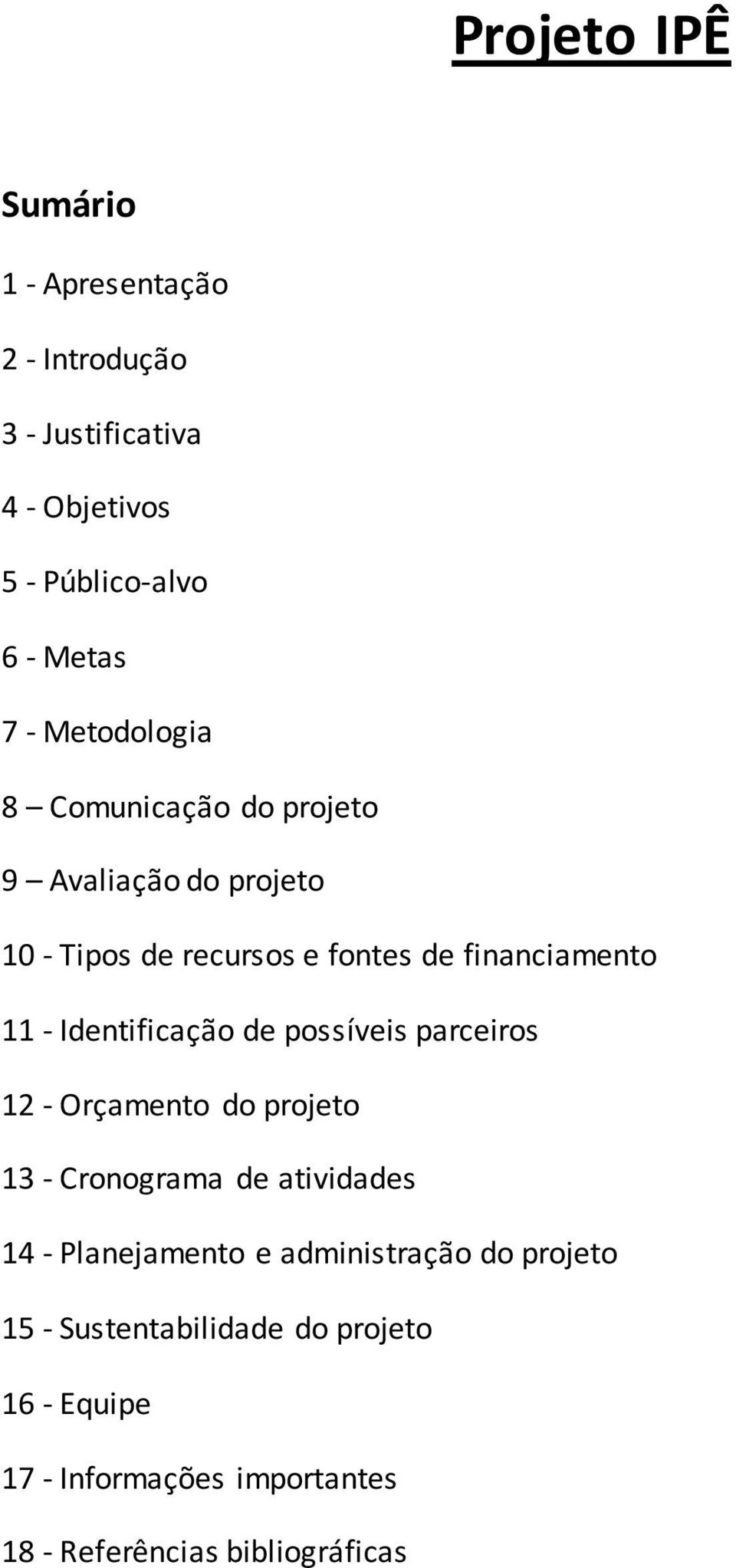 Identificação de possíveis parceiros 12 - Orçamento do projeto 13 - Cronograma de atividades 14 - Planejamento e