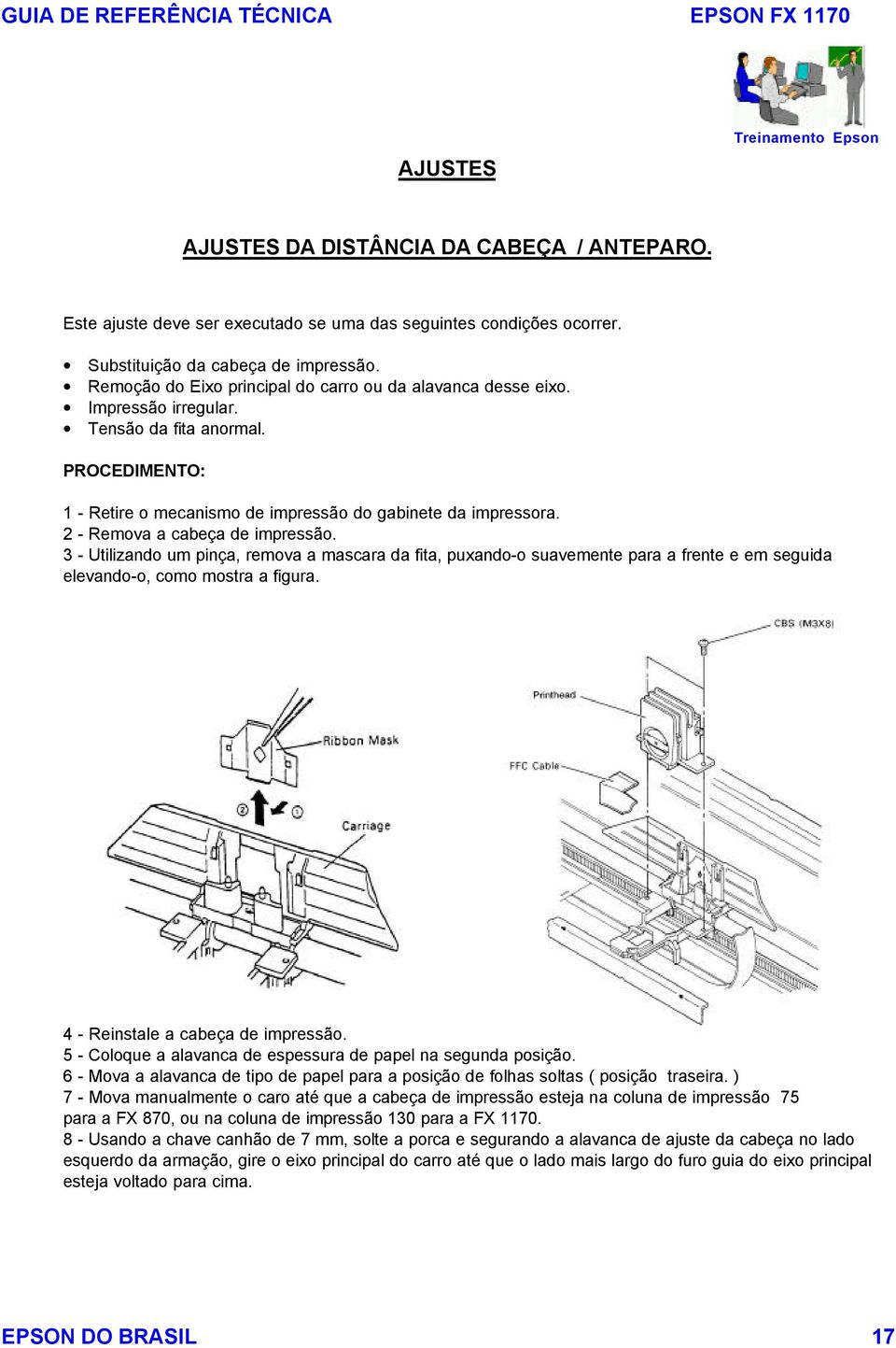 2 - Remova a cabeça de impressão. 3 - Utilizando um pinça, remova a mascara da fita, puxando-o suavemente para a frente e em seguida elevando-o, como mostra a figura.