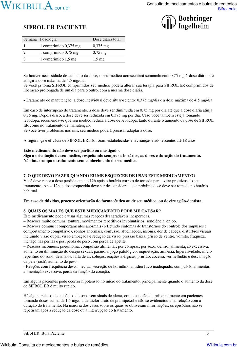 Se você já toma SIFROL comprimidos seu médico poderá alterar sua terapia para SIFROL ER comprimidos de liberação prolongada de um dia para o outro, com a mesma dose diária.