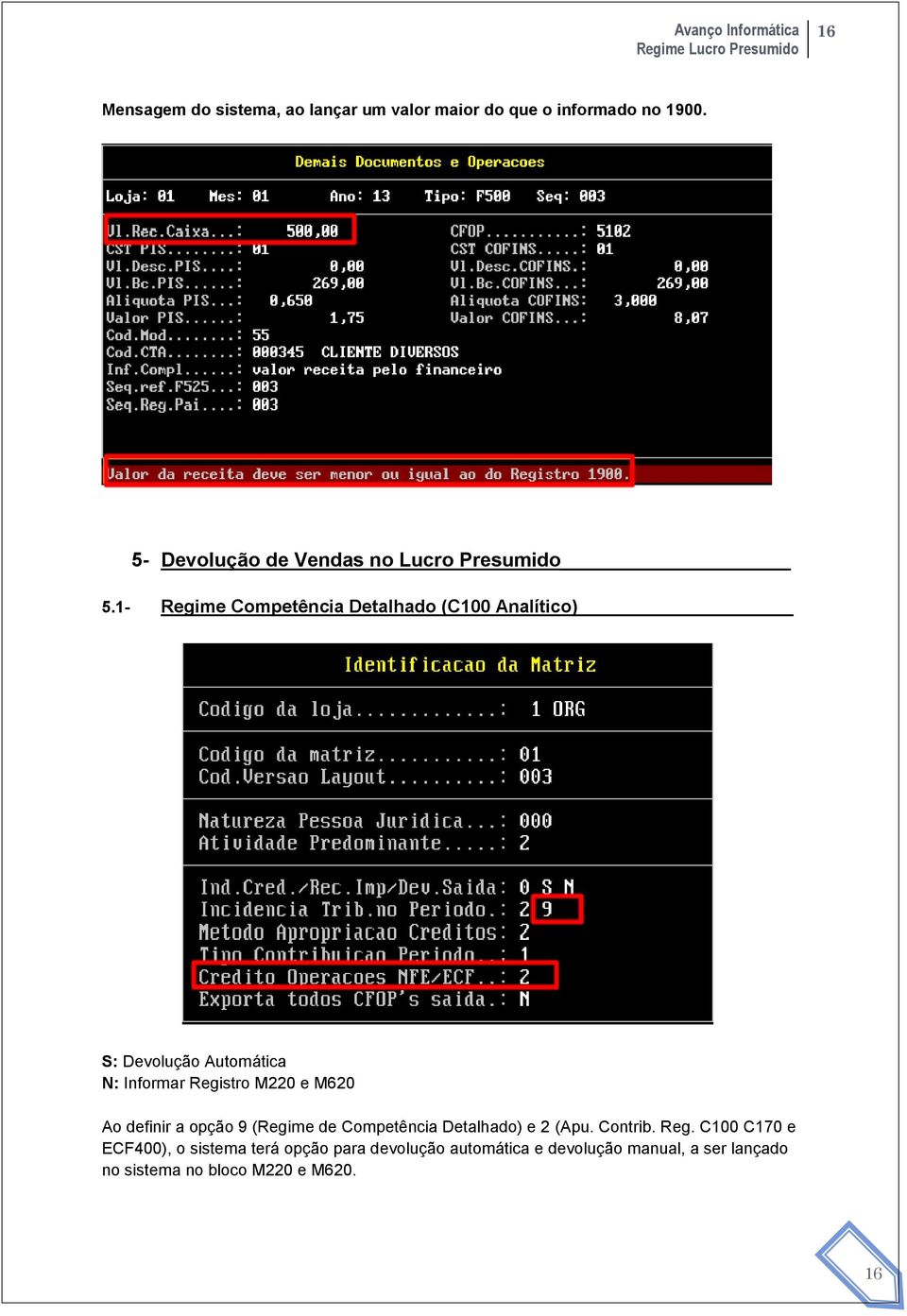 1- Regime Competência Detalhado (C100 Analítico) S: Devolução Automática N: Informar Registro M220 e M620 Ao