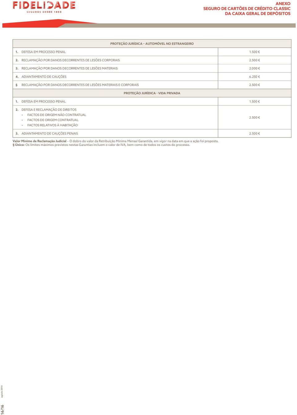 DEFESA EM PROCESSO PENAL 1.500 2. DEFESA E RECLAMAÇÃO DE DIREITOS FACTOS DE ORIGEM NÃO CONTRATUAL FACTOS DE ORIGEM CONTRATUAL FACTOS RELATIVOS À HABITAÇÃO 2.500 3. ADIANTAMENTO DE CAUÇÕES PENAIS 2.