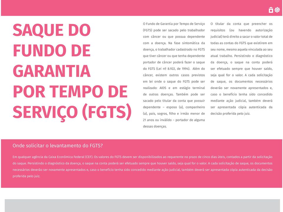 Além do câncer, existem outros casos previstos em lei onde o saque do FGTS pode ser realizado: AIDS e em estágio terminal de outras doenças.