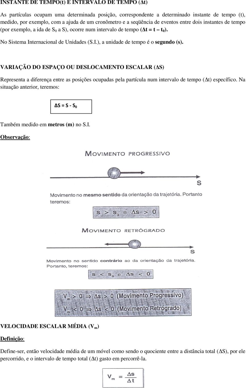 VARIAÇÃO DO ESPAÇO OU DESLOCAMENTO ESCALAR ( S) Representa a diferença entre as posições ocupadas pela partícula num intervalo de tempo ( t) específico.