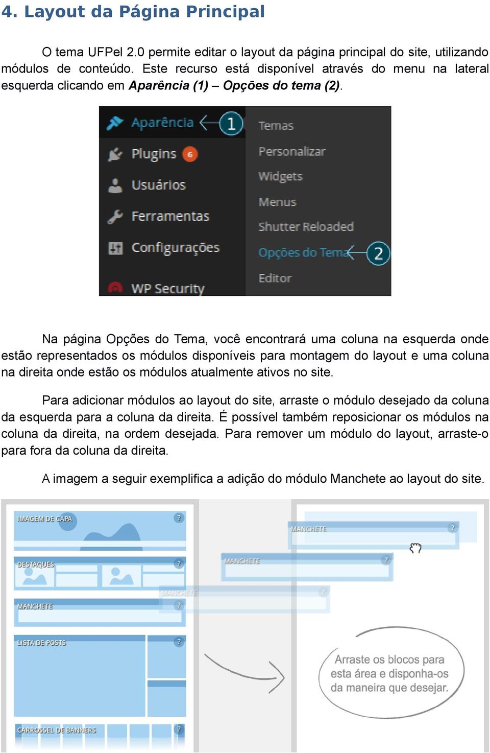 Na página Opções do Tema, você encontrará uma coluna na esquerda onde estão representados os módulos disponíveis para montagem do layout e uma coluna na direita onde estão os módulos atualmente