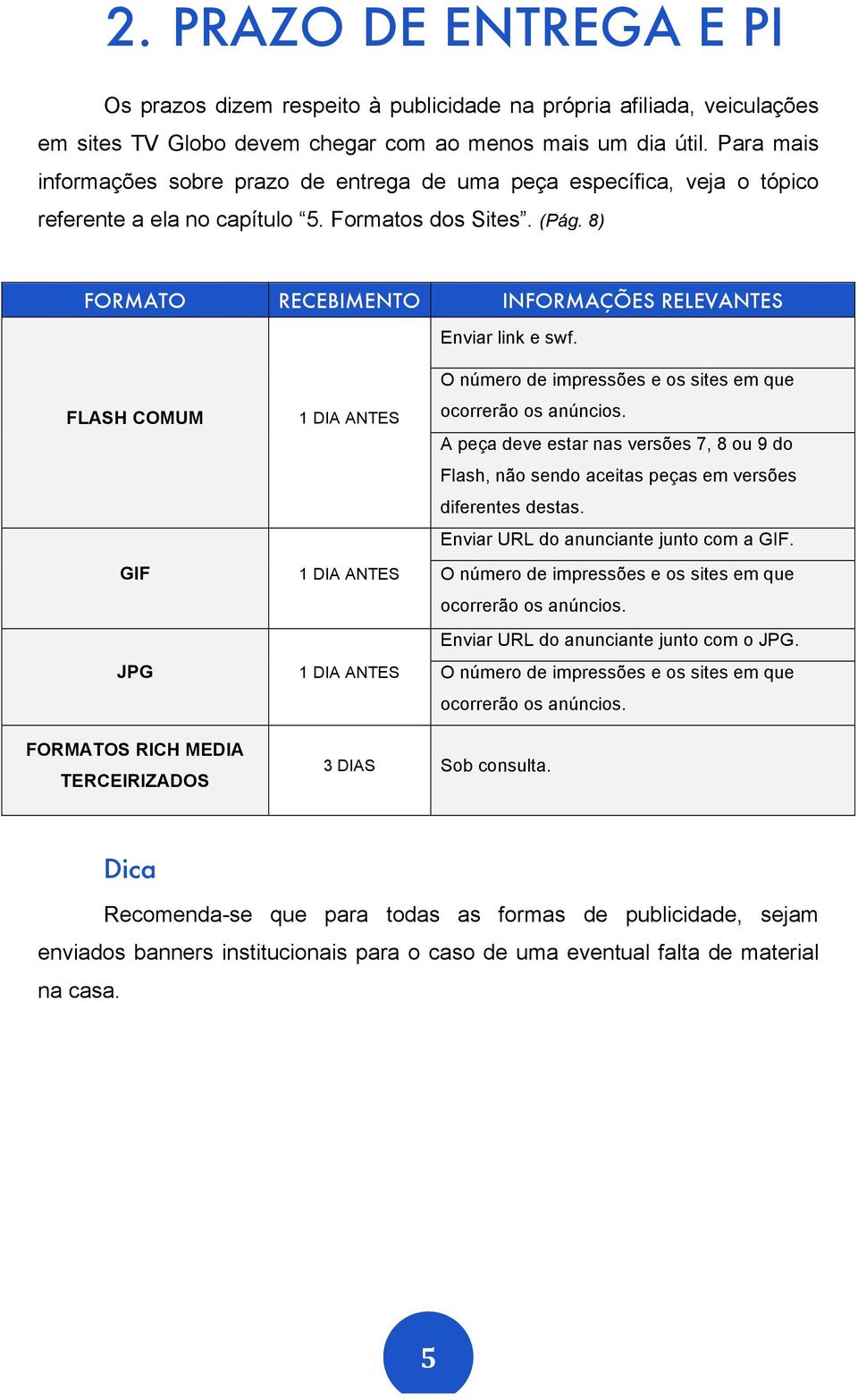 8) FORMATO RECEBIMENTO INFORMAÇÕES RELEVANTES Enviar link e swf. FLASH COMUM GIF JPG 1 DIA ANTES 1 DIA ANTES 1 DIA ANTES O número de impressões e os sites em que ocorrerão os anúncios.