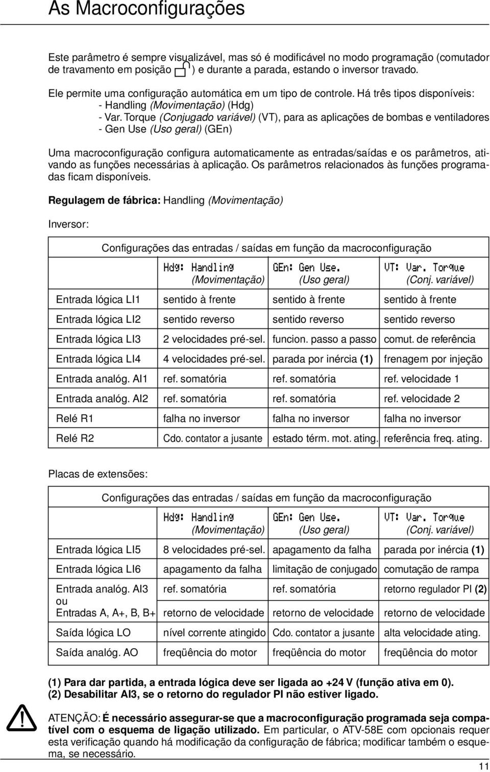 Torque (Conjugado variável) (VT), para as aplicações de bombas e ventiladores - Gen Use (Uso geral) (GEn) Uma macroconfiguração configura automaticamente as entradas/saídas e os parâmetros, ativando