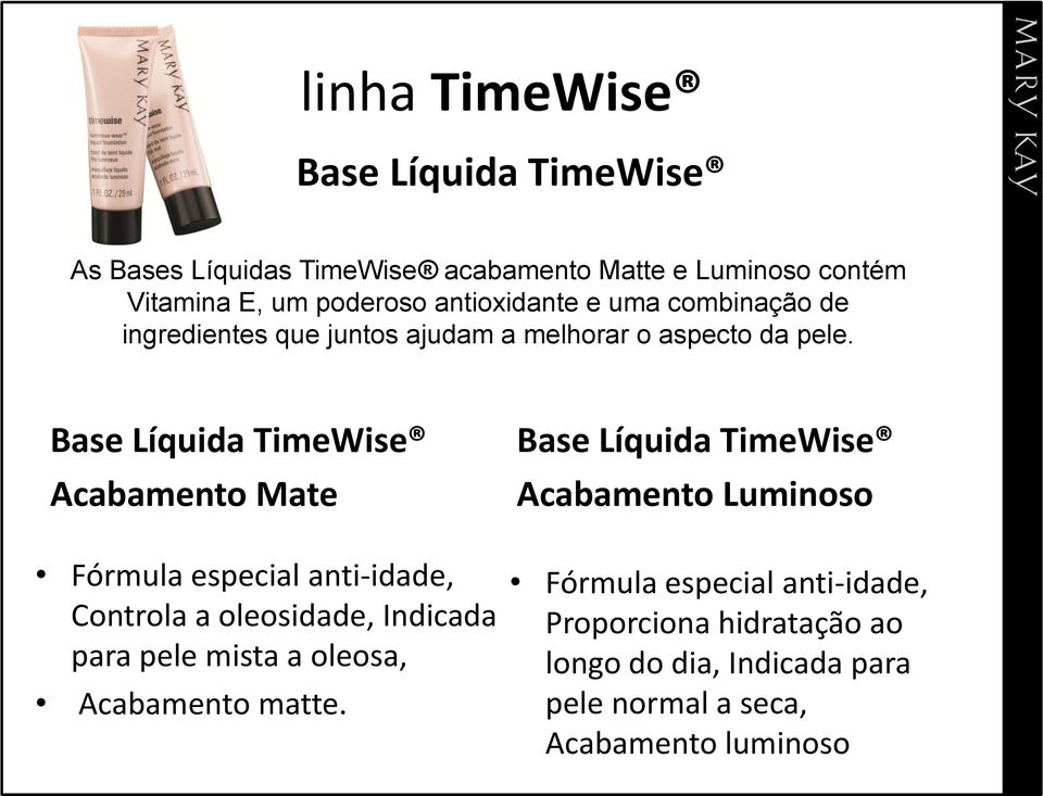 Base Líquida TimeWise Acabamento Mate Fórmula especial anti-idade, Controla a oleosidade, Indicada para pele mista a oleosa,