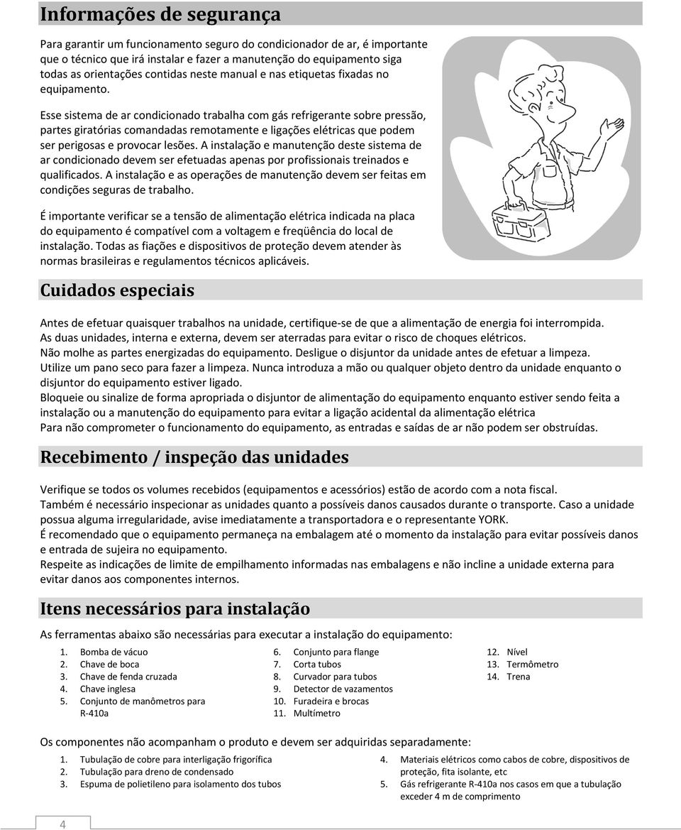 Esse sistema de ar condicionado trabalha com gás refrigerante sobre pressão, partes giratórias comandadas remotamente e ligações elétricas que podem ser perigosas e provocar lesões.